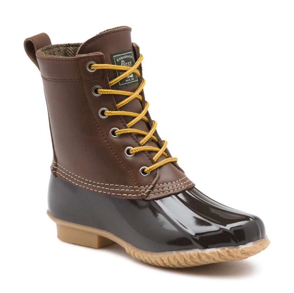 G.H. Bass Harlequin Women 8M Brown Duck Boots Waterproof Rain Snow Tie Down‎
